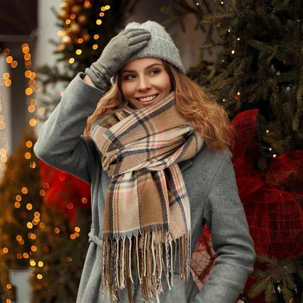 Women's brown Beige Lattic Scarf Fashion Long Plaid Shawls Wraps Big Grid Winter